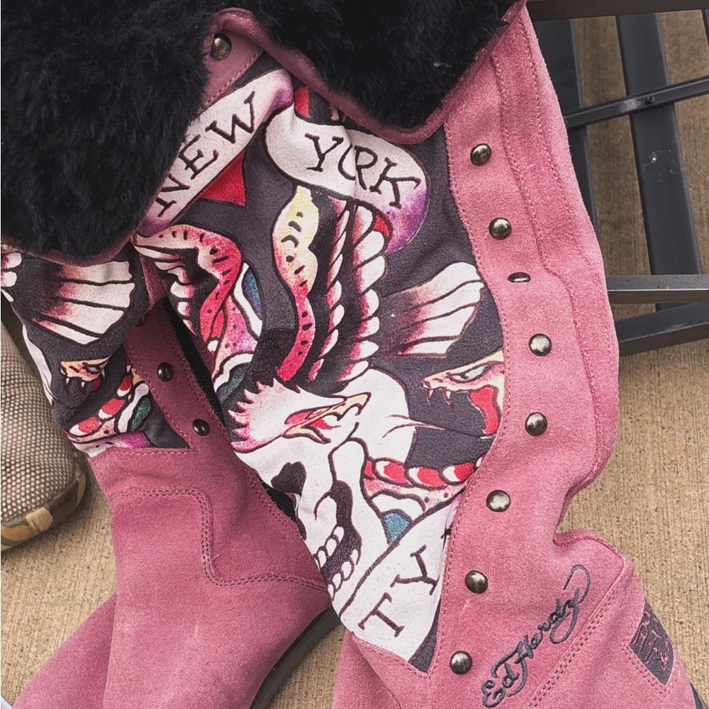 Ed Hardy Pink Boots with Skull and Studs